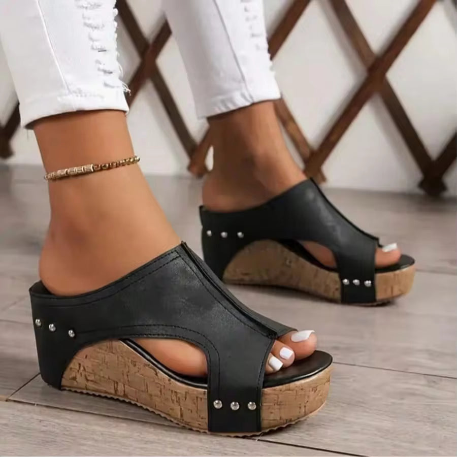 Women's Faux Leather Studded Wedge Sandals, Cork Heel Slip-On Summer Shoes